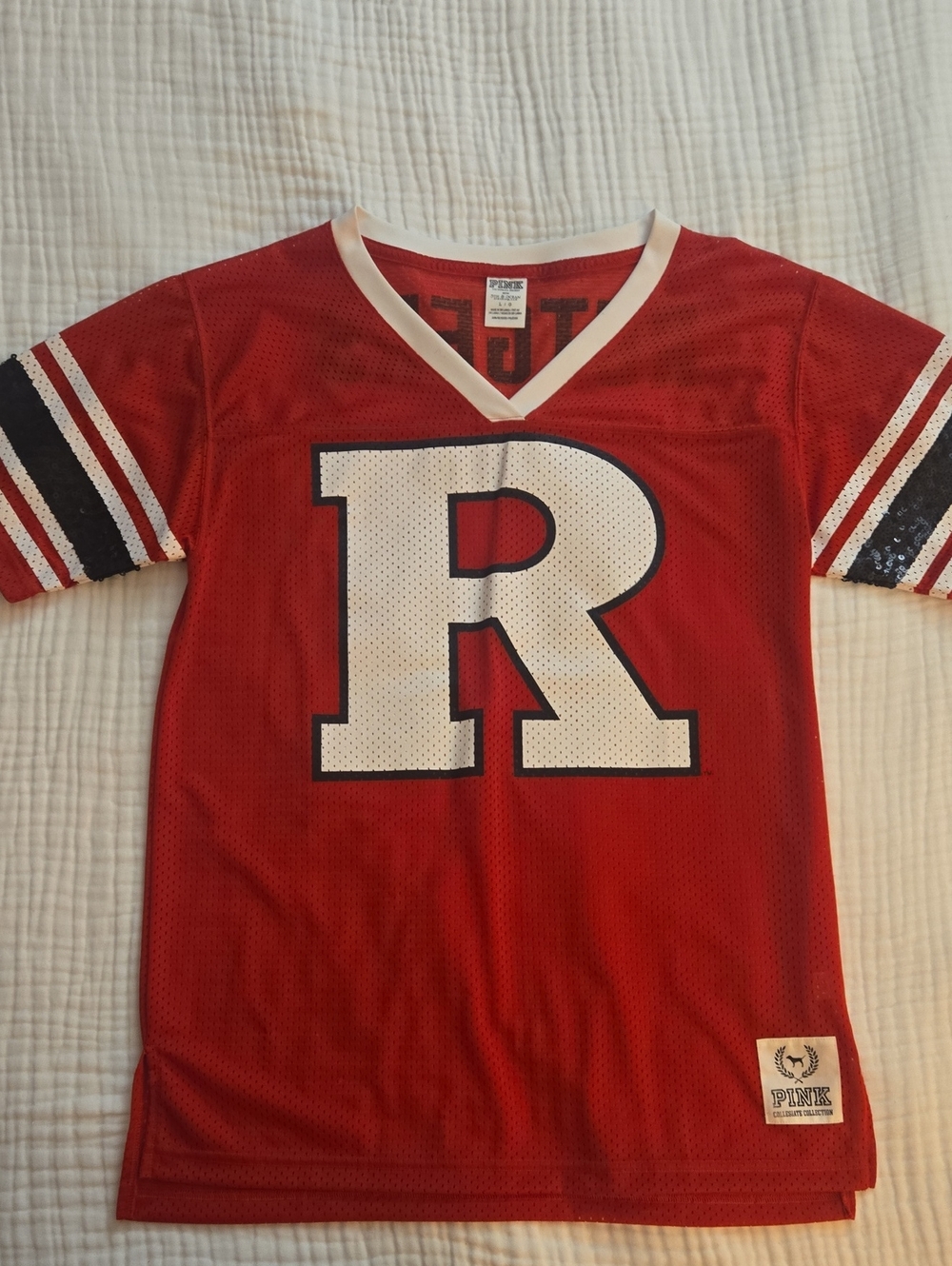 PINK Victoria's Secret RUTGERS Red Jersey with White 'R' And Sequence Sleeves